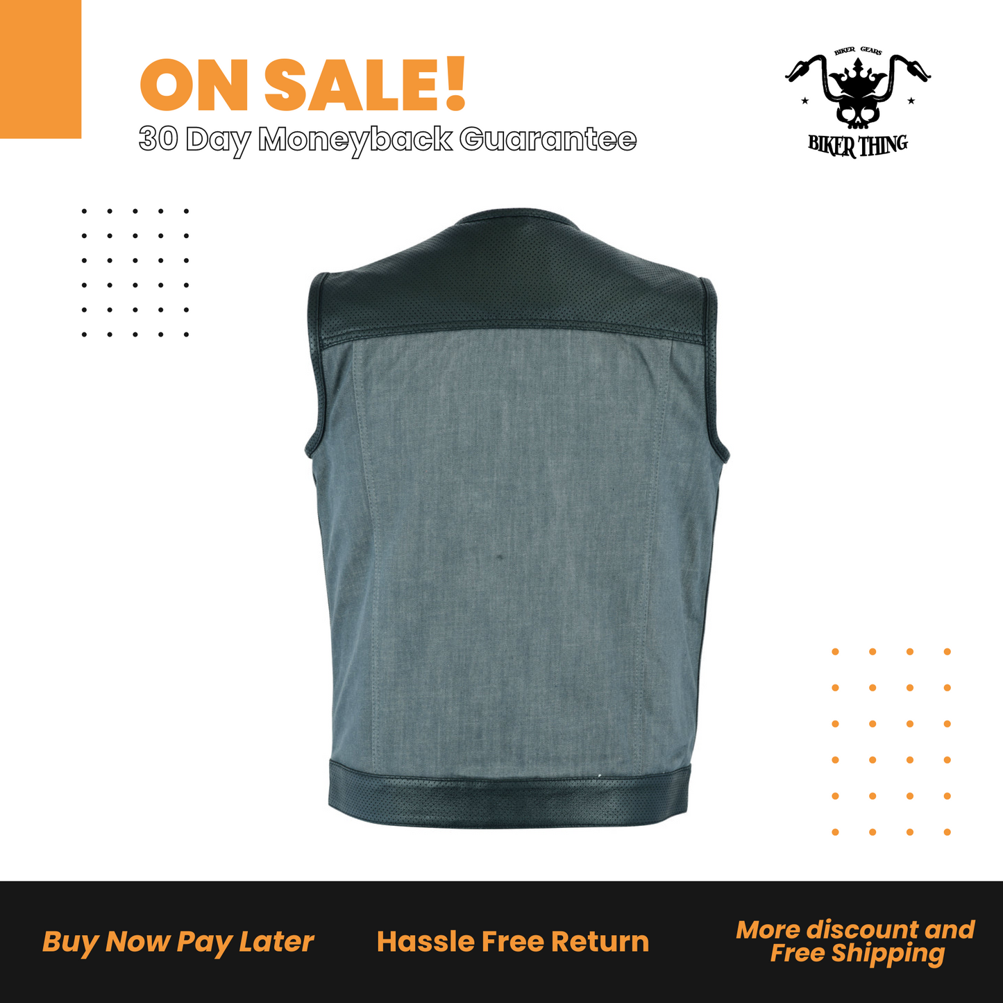 Men’s Perforated Leather/Denim Combo Vest (Black/ Ash Gray)