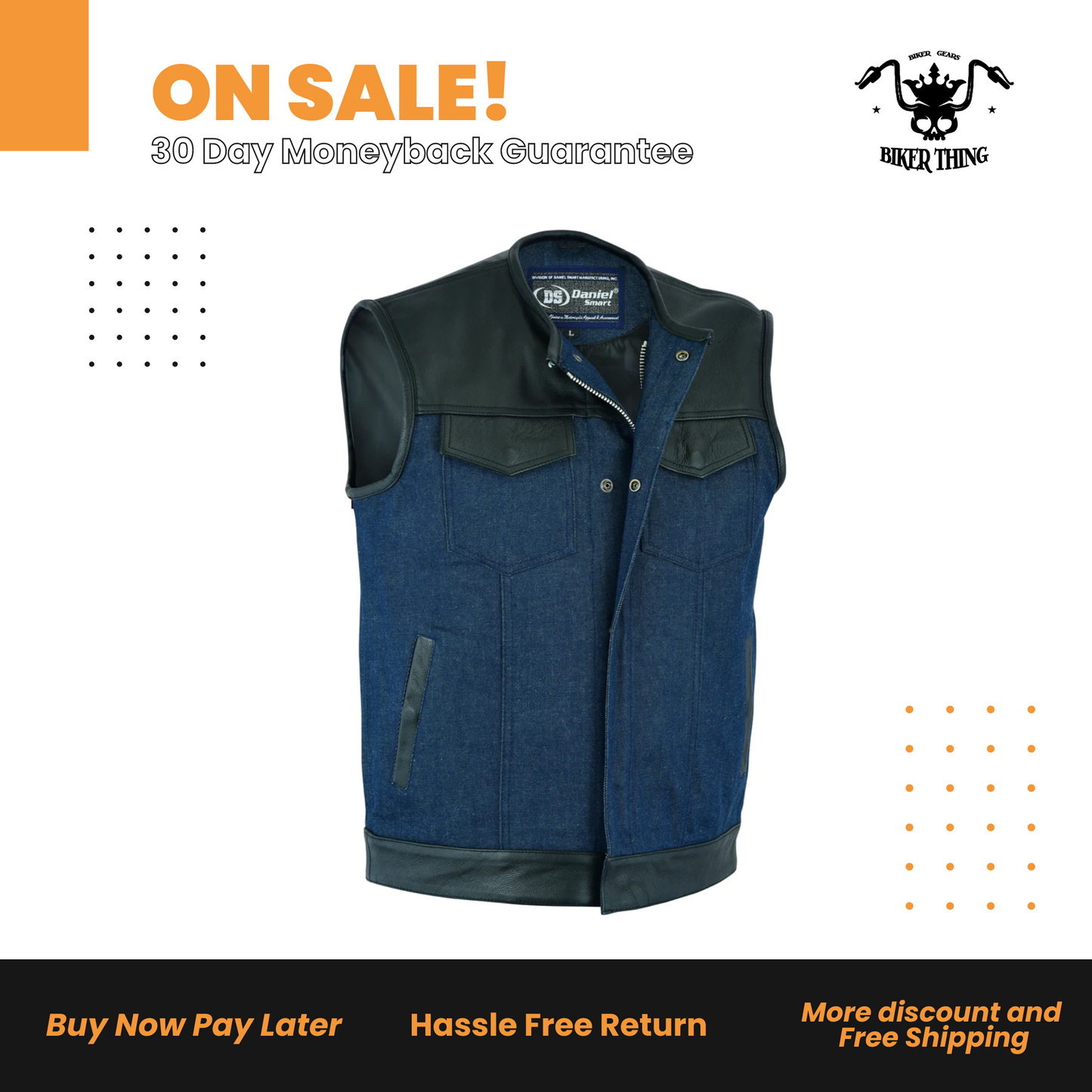 Men’s Leather/Denim Combo Vest (Black/Broken Blue)