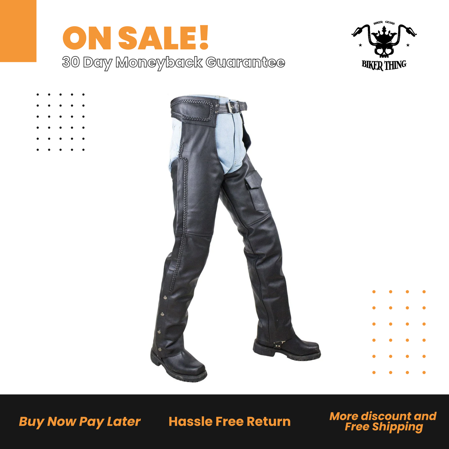 Braided Naked Cowhide Leather Chaps W Mesh & Zipout Lining - Black
