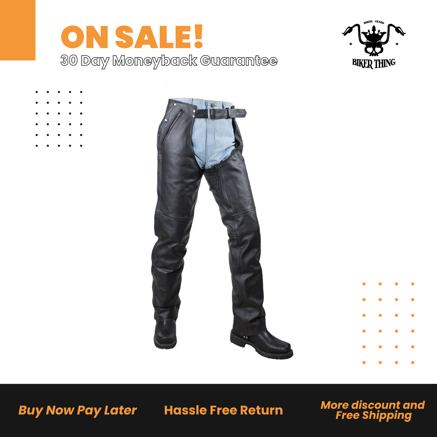 Black Multi-Pocket Split Leather Chaps W/ Zipout liner