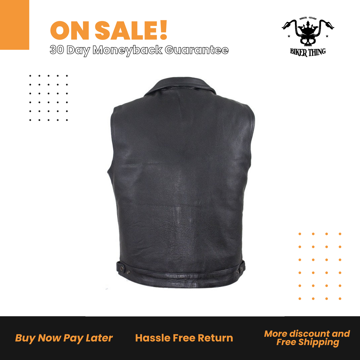 Mens Leather Motorcycle Vest With Two Deep Gun Pockets