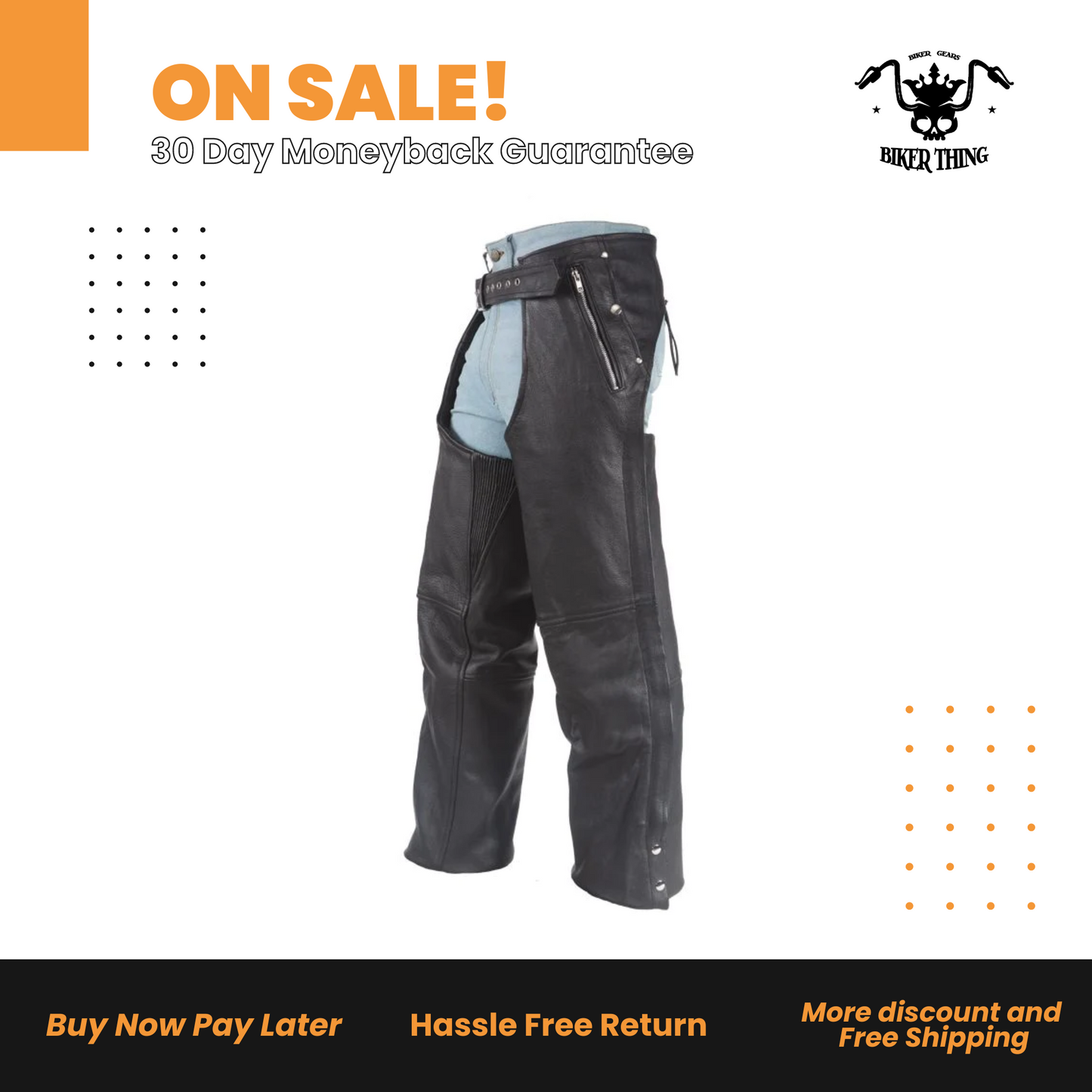 Leather Chaps With 3 Pockets & Mesh Lining