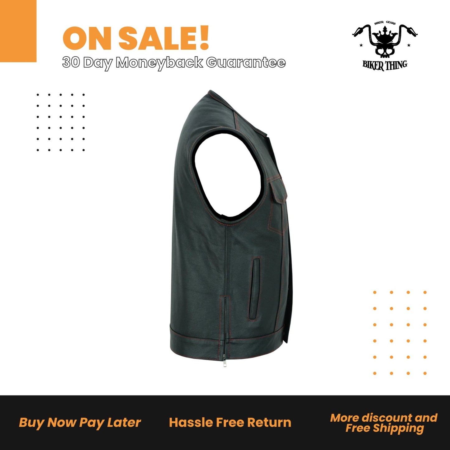 MEN’S LEATHER VEST WITH RED STITCHING AND USA INSIDE FLAG LINING