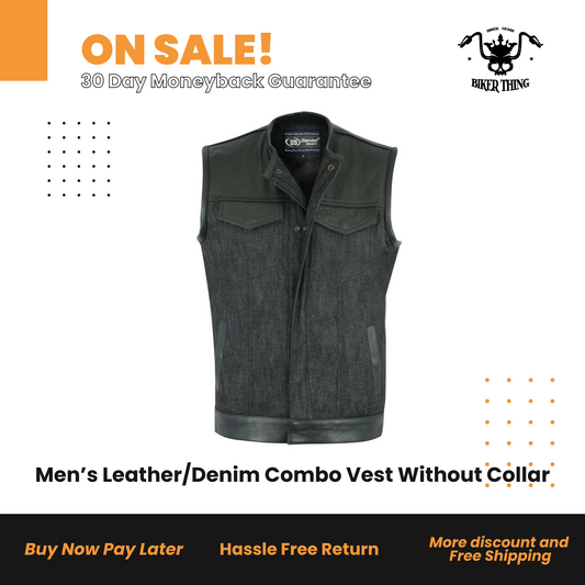 Men’s Leather/Denim Combo Vest Without Collar