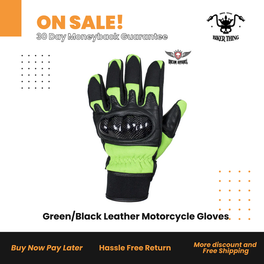 GLZ108-GREEN Green/Black Leather Motorcycle Gloves