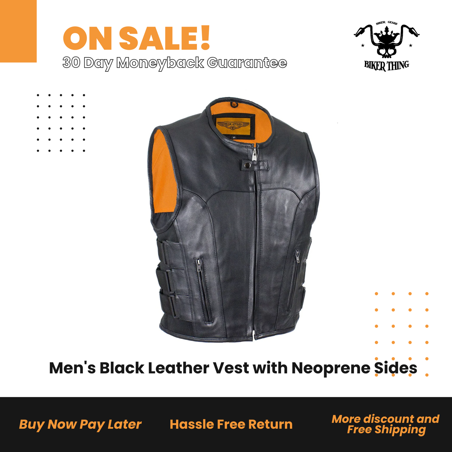 Men's Black Leather Vest with Neoprene Sides