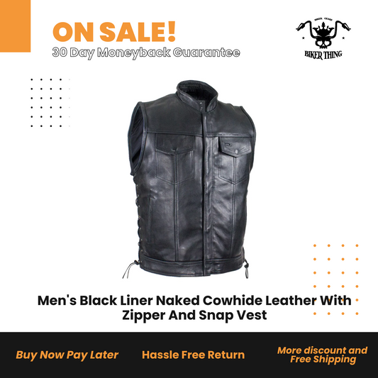 Men's Black Liner Naked Cowhide Leather With Zipper And Snap Vest