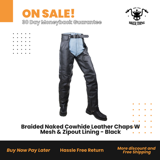 Braided Naked Cowhide Leather Chaps W Mesh & Zipout Lining - Black