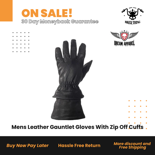 GLZ63Mens Leather Gauntlet Gloves With Zip Off Cuffs