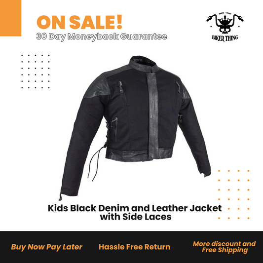 Kids Black Denim and Leather Jacket with Side Laces