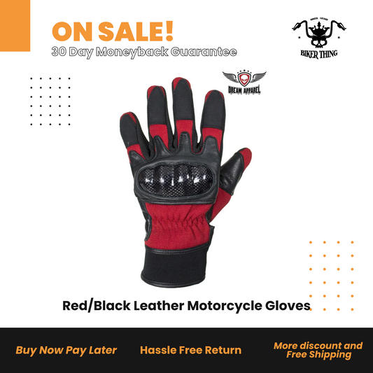GLZ108-RED Red/Black Leather Motorcycle Gloves