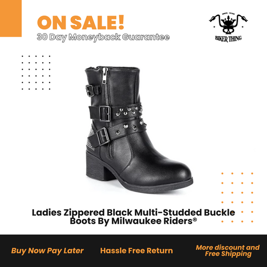 MR-BTL7001 Ladies Zippered Black Multi-Studded Buckle Boots By Milwaukee Riders®