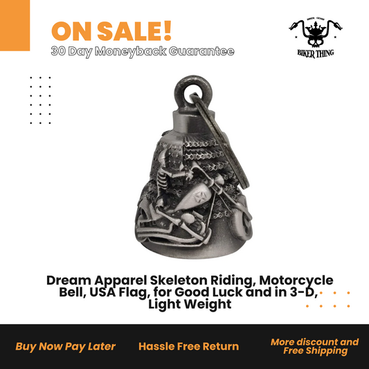 DBL14-L Dream Apparel Skeleton Riding, Motorcycle Bell, USA Flag, for Good Luck and in 3-D, Light Weight