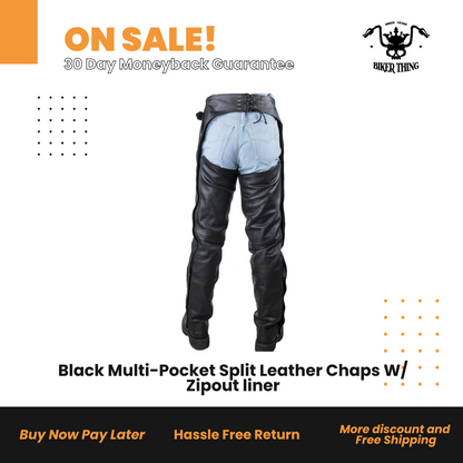 Black Multi-Pocket Split Leather Chaps W/ Zipout liner