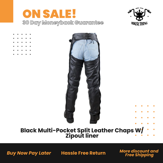 Black Multi-Pocket Split Leather Chaps W/ Zipout liner