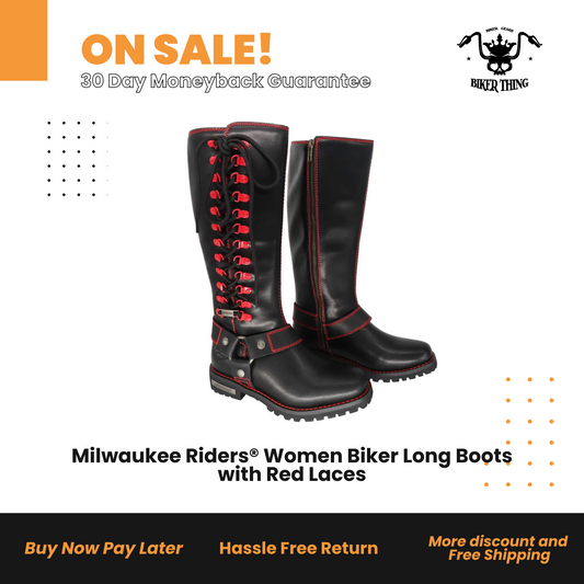 MR-BTL7005-RED Milwaukee Riders® Women Biker Long Boots with Red Laces