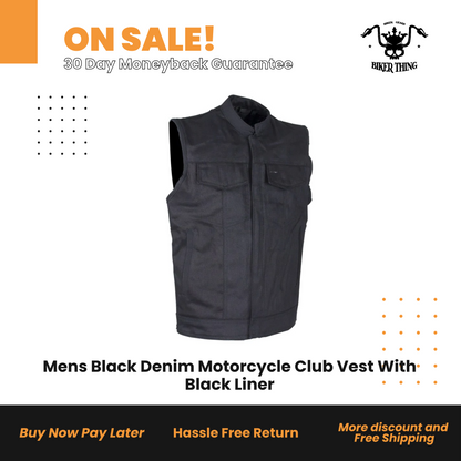 Mens Black Denim Motorcycle Club Vest With Black Liner