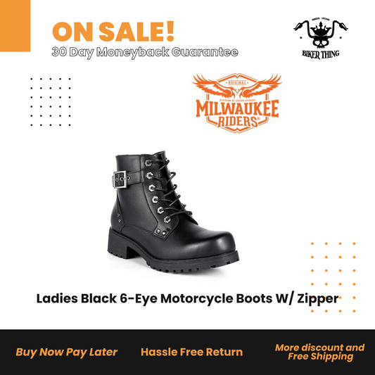 MR-BTL7000 Ladies Black 6-Eye Motorcycle Boots W/ Zipper