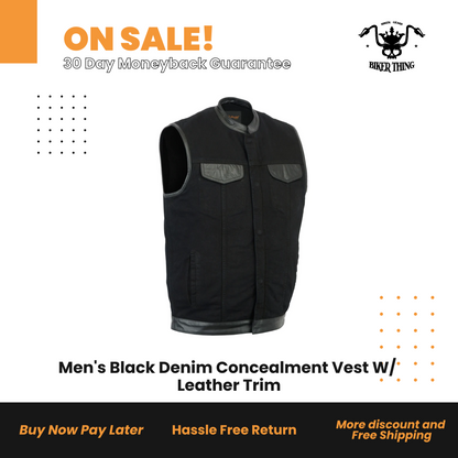 Men's Black Denim Concealment Vest W/ Leather Trim