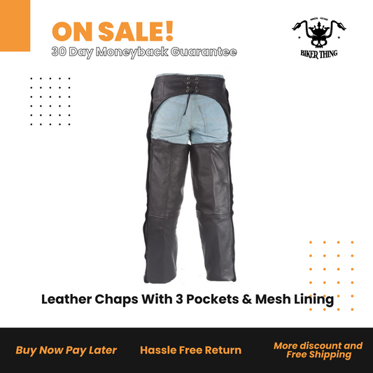 Leather Chaps With 3 Pockets & Mesh Lining