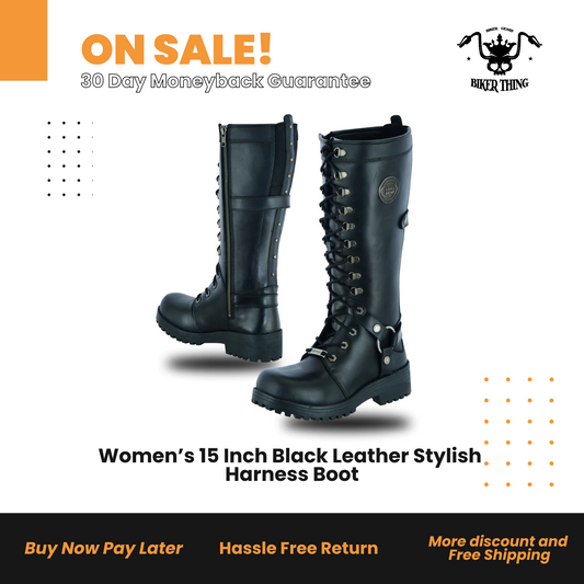 DS9765 Women’s 15 Inch Black Leather Stylish Harness Boot