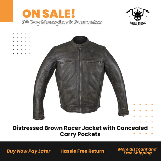 Distressed Brown Racer Jacket with Concealed Carry Pockets