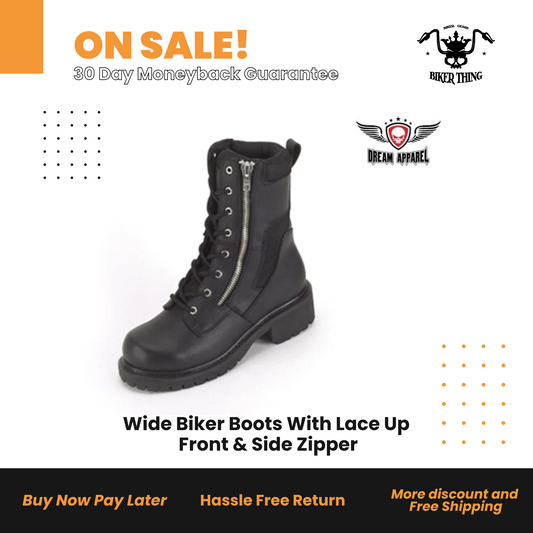 S16-EEE Wide Biker Boots With Lace Up Front & Side Zipper