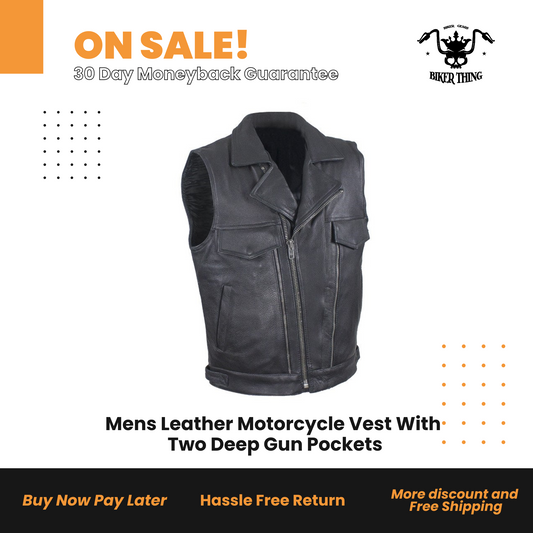 Mens Leather Motorcycle Vest With Two Deep Gun Pockets