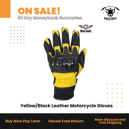 GLZ108-YELLOW Yellow/Black Leather Motorcycle Gloves
