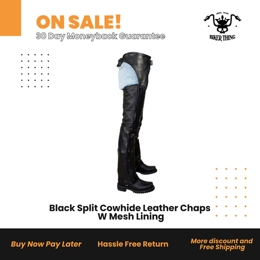 Black Split Cowhide Leather Chaps W Mesh Lining