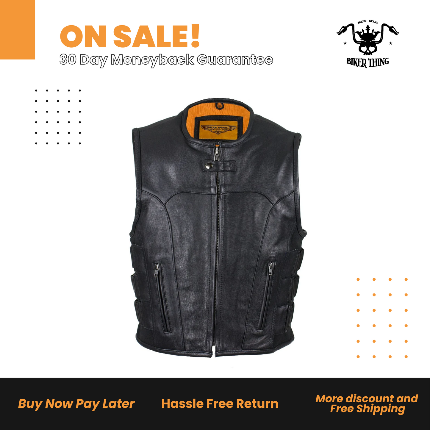 Men's Black Leather Vest with Neoprene Sides