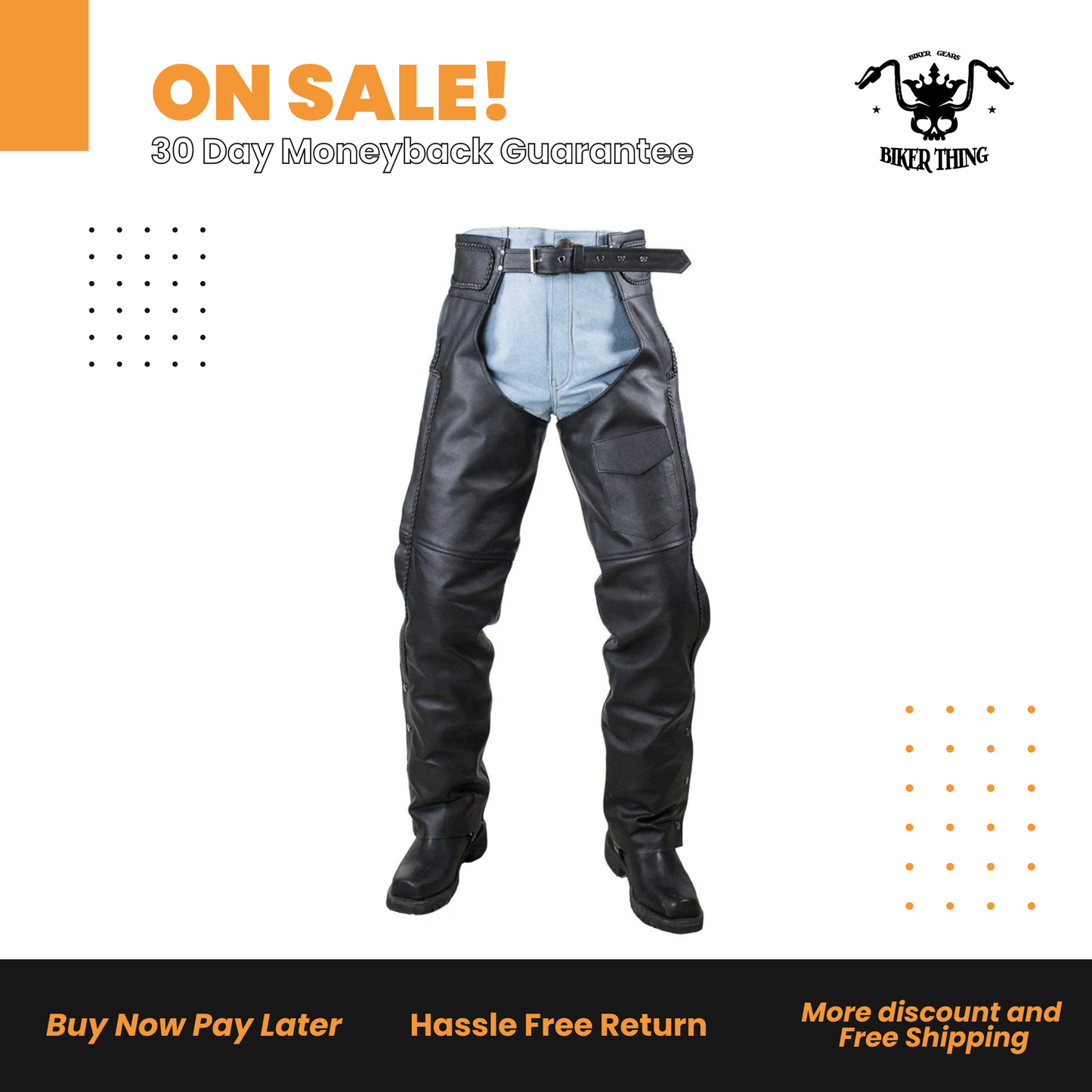 Braided Naked Cowhide Leather Chaps W Mesh & Zipout Lining - Black