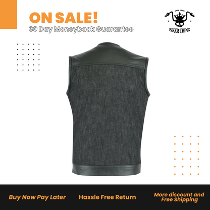 Men’s Leather/Denim Combo Vest Without Collar