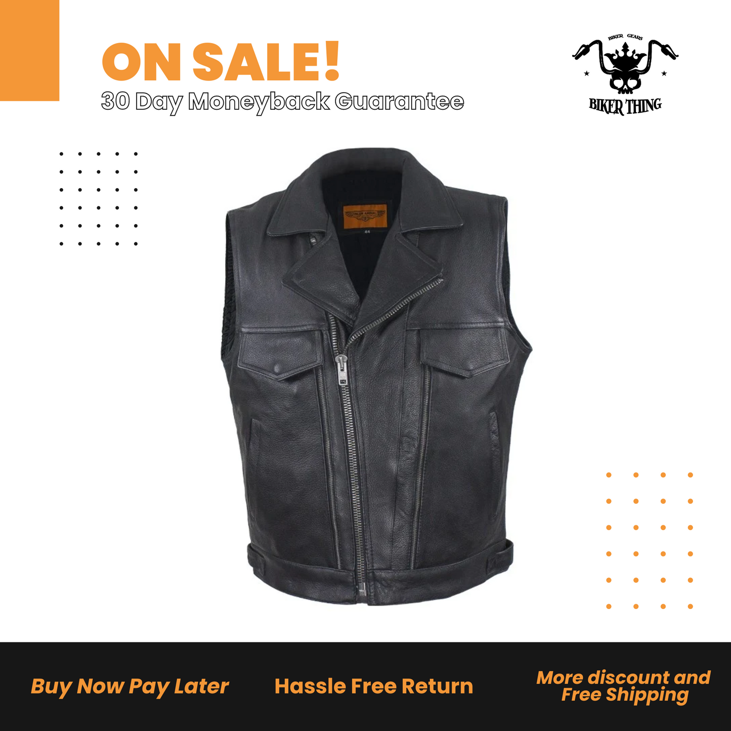 Mens Leather Motorcycle Vest With Two Deep Gun Pockets