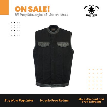 Men's Black Denim Concealment Vest W/ Leather Trim