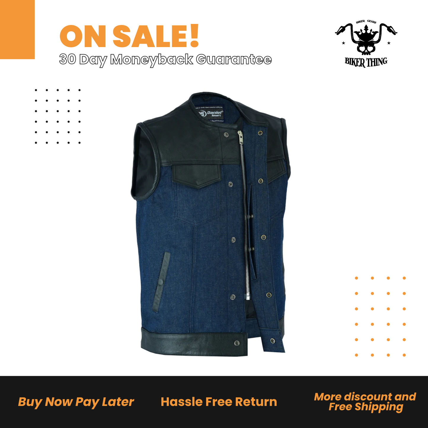 Men’s Leather/Denim Combo Vest (Black/Broken Blue)