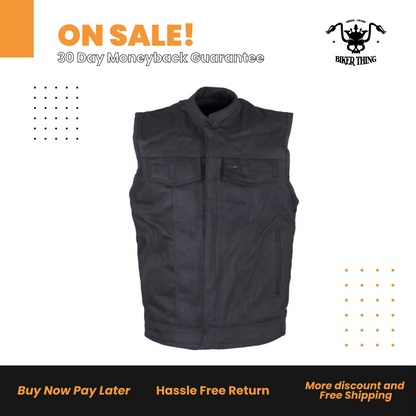 Mens Black Denim Motorcycle Club Vest With Black Liner