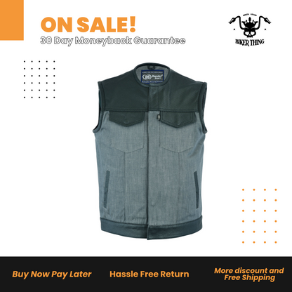 Men’s Perforated Leather/Denim Combo Vest (Black/ Ash Gray)