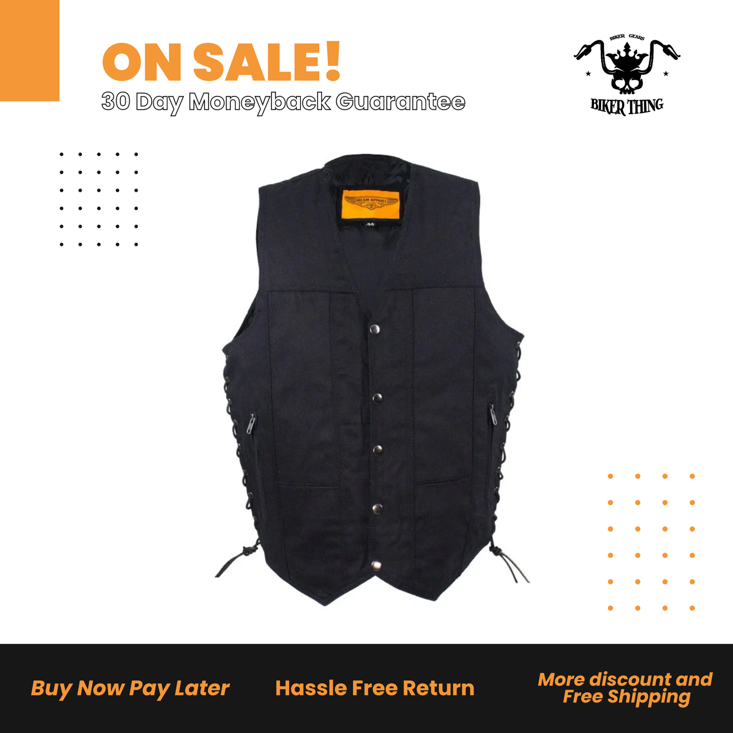 Men’s Black Denim Motorcycle Vest with Gun Pocket