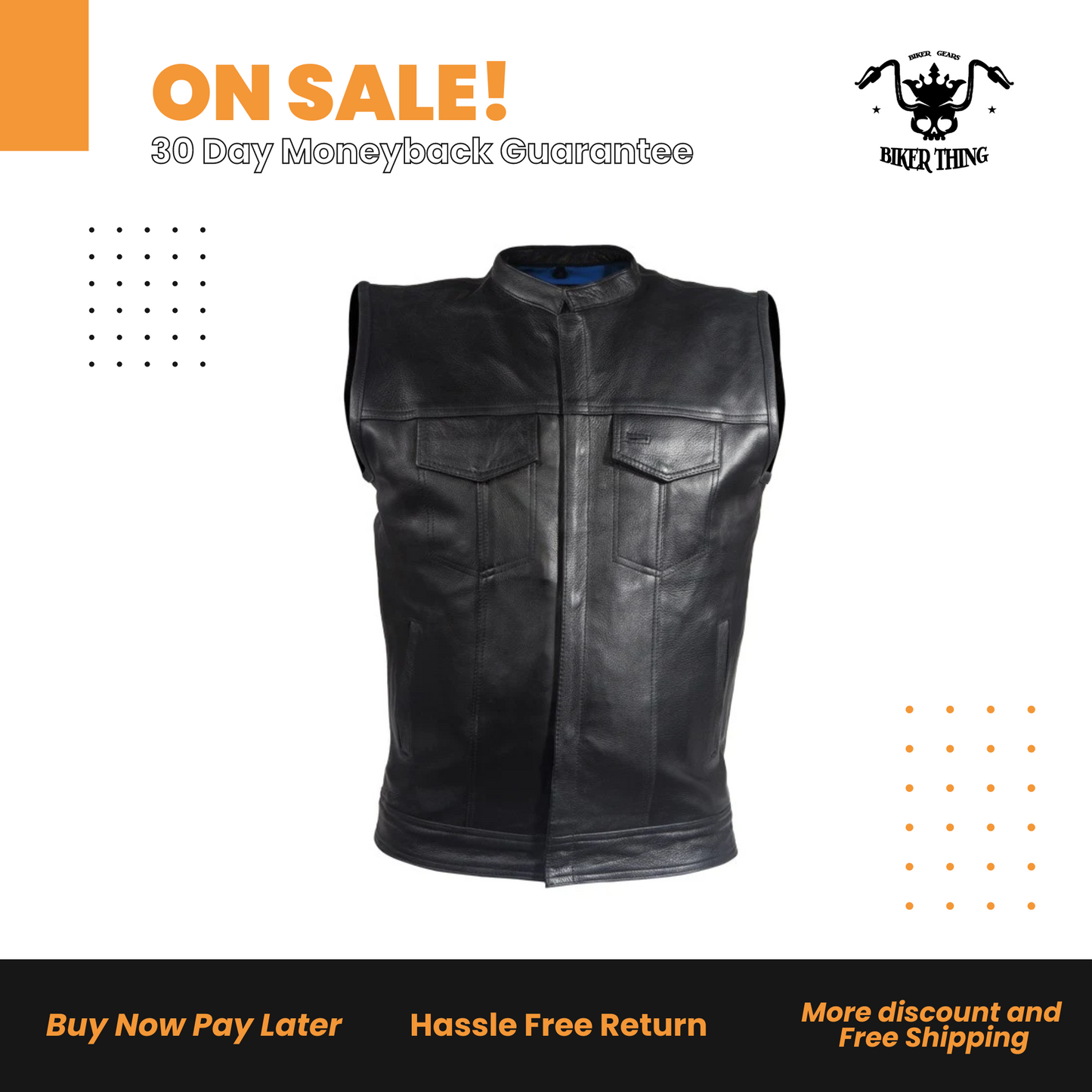 Mens Leather Motorcycle Vest With Blue Liner