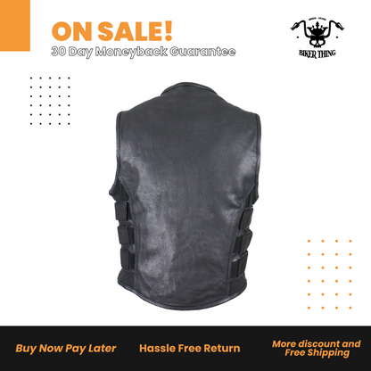 Men's Black Leather Vest with Neoprene Sides