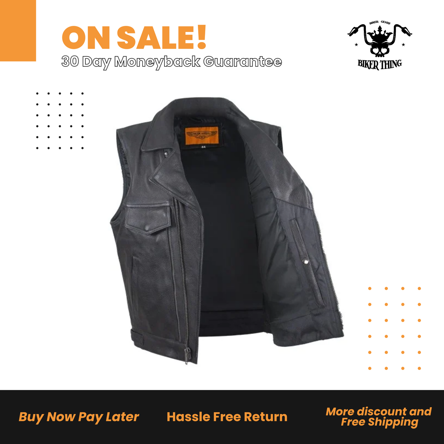 Mens Leather Motorcycle Vest With Two Deep Gun Pockets