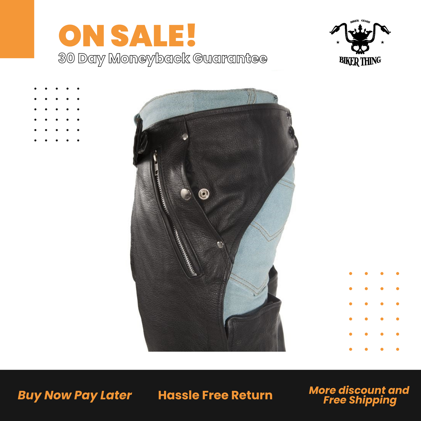 Leather Chaps With 3 Pockets & Mesh Lining