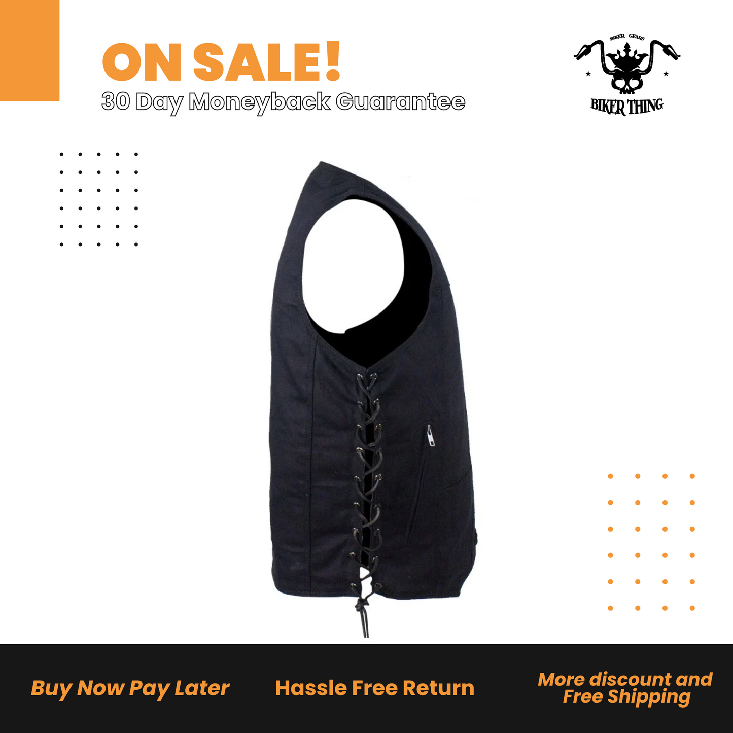 Men’s Black Denim Motorcycle Vest with Gun Pocket
