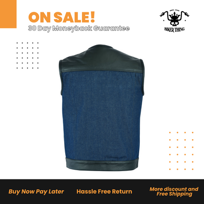 Men’s Leather/Denim Combo Vest (Black/Broken Blue)