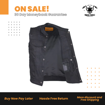 Mens Black Denim Motorcycle Club Vest With Black Liner