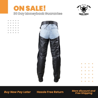 Braided Naked Cowhide Leather Chaps W Mesh & Zipout Lining - Black