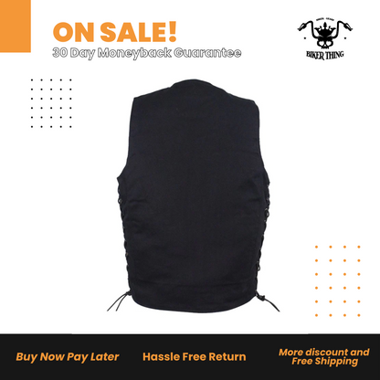 Men’s Black Denim Motorcycle Vest with Gun Pocket