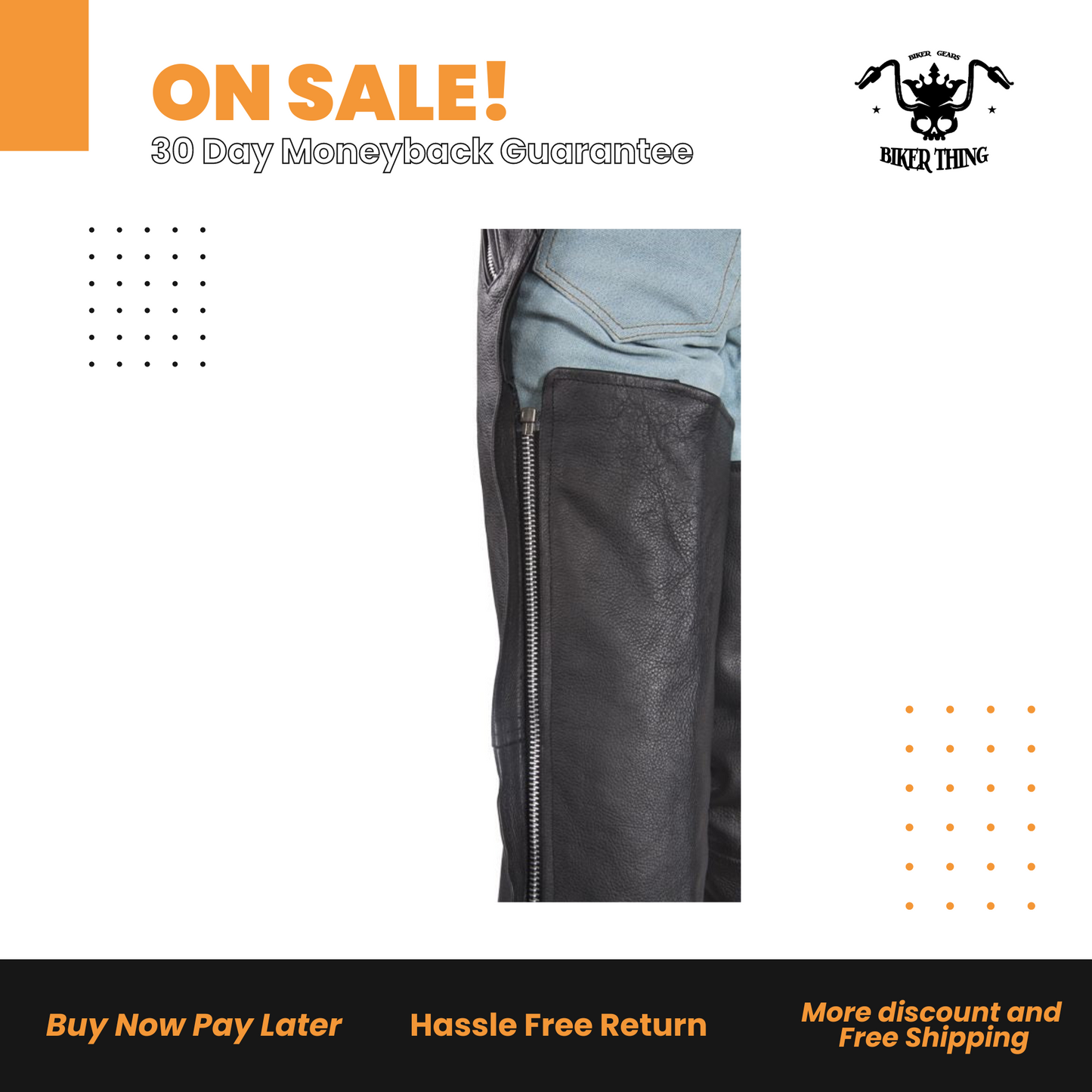 Leather Chaps With 3 Pockets & Mesh Lining