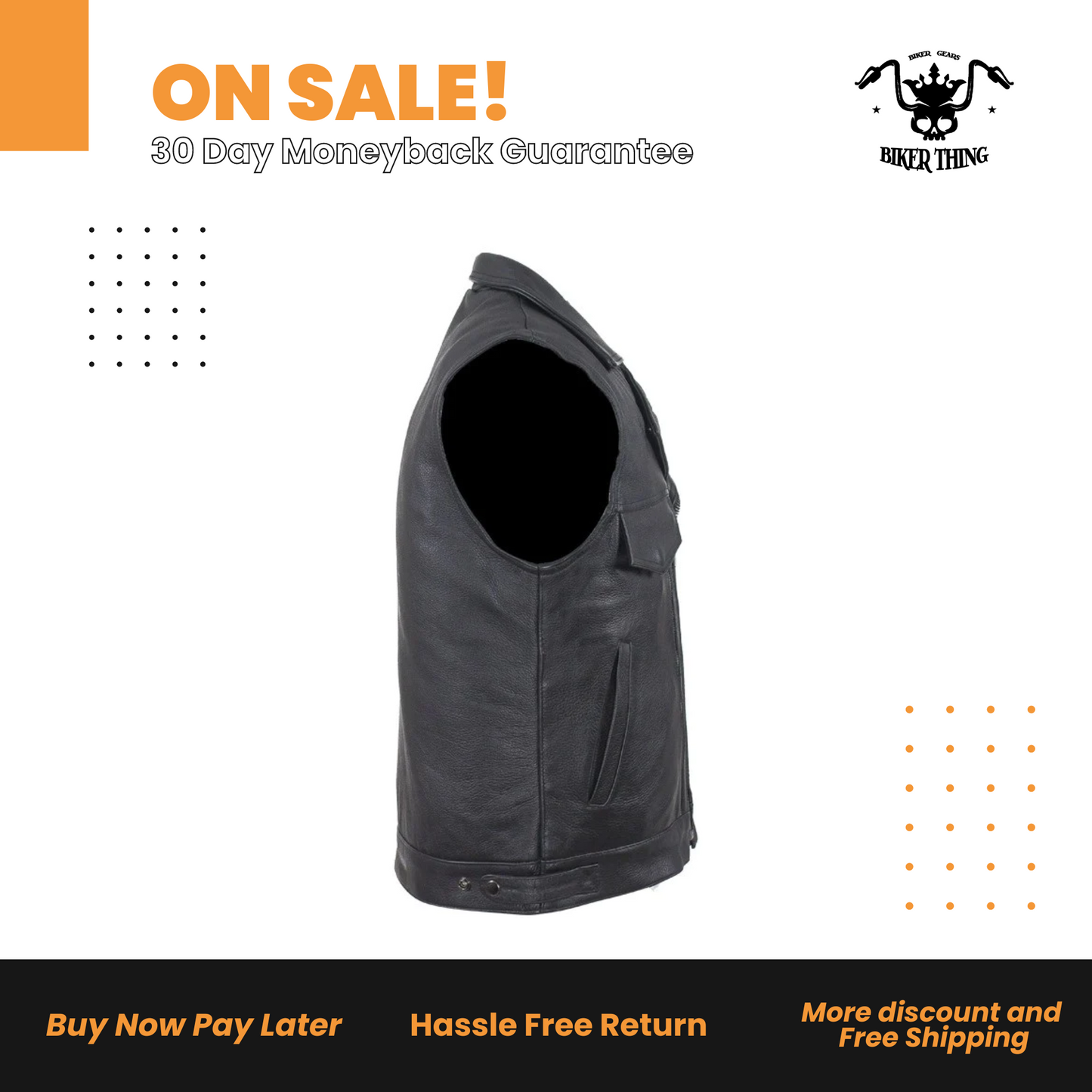Mens Leather Motorcycle Vest With Two Deep Gun Pockets